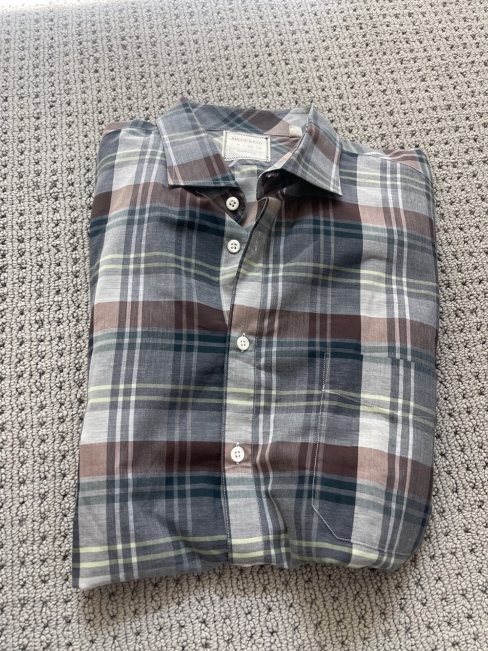 Billy Reid Gray, Brown and Green Plaid Button-Down Shirt